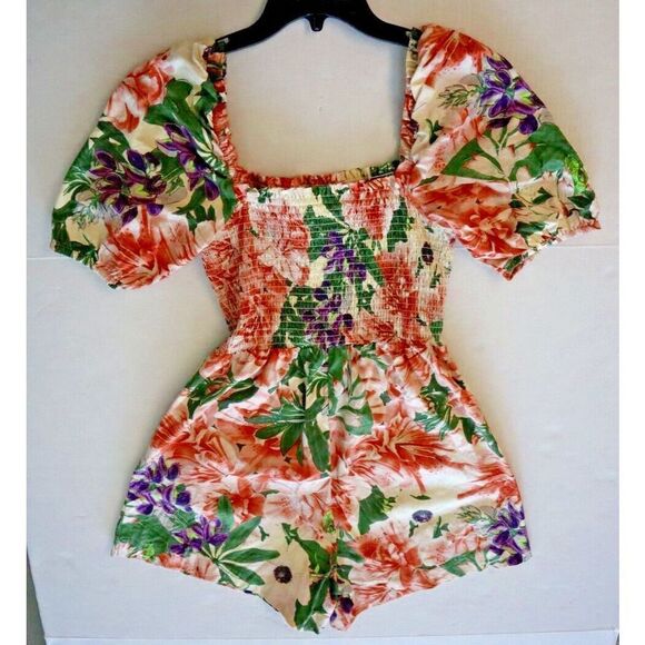 H&M Women's Sz Medium Multicolor Floral Puff-Sleeved Smocked Square Neck Romper - Picture 7 of 8